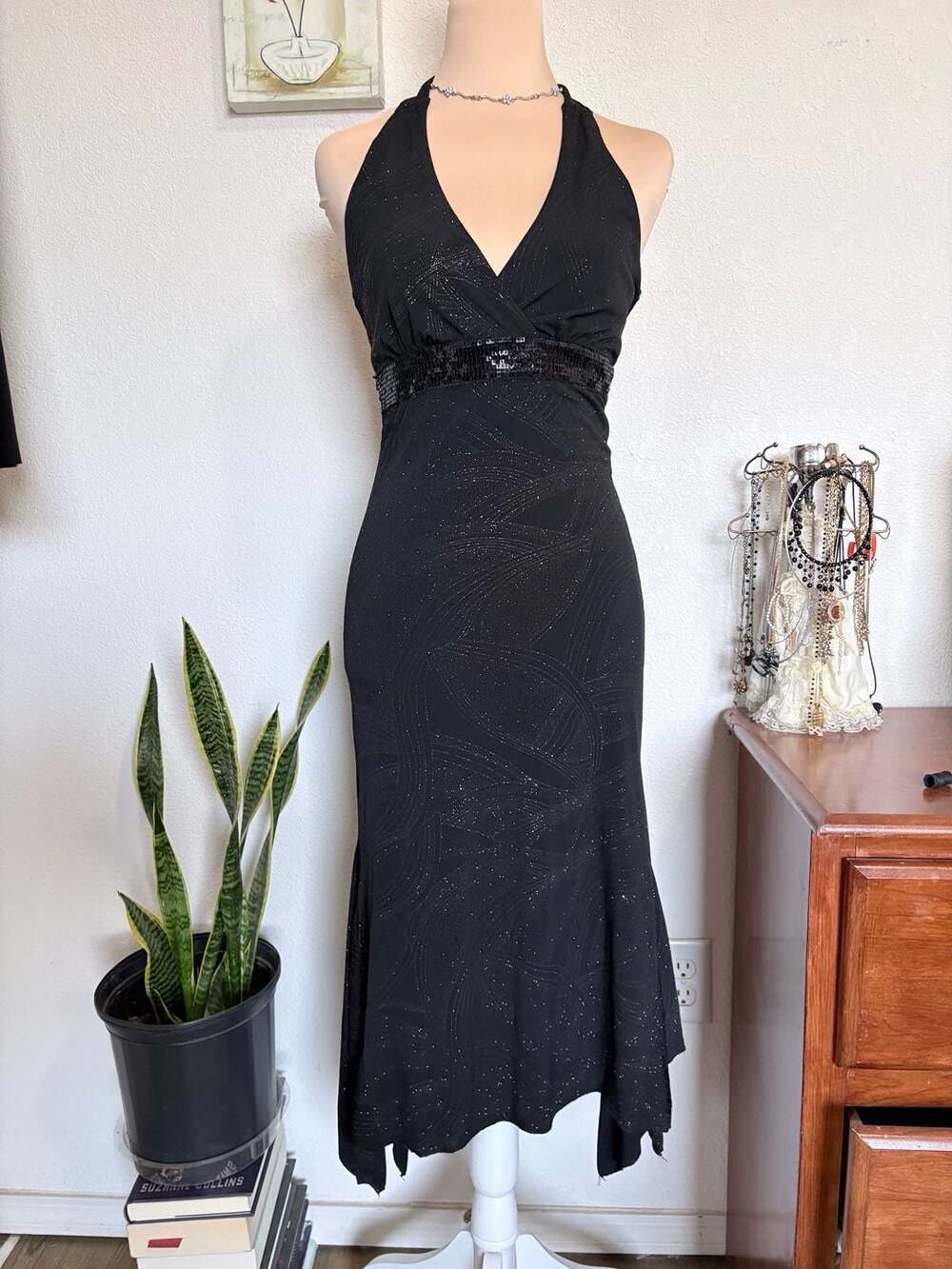 Vintage Y2K Asymmetric Halter Dress Black Glitter Sequins